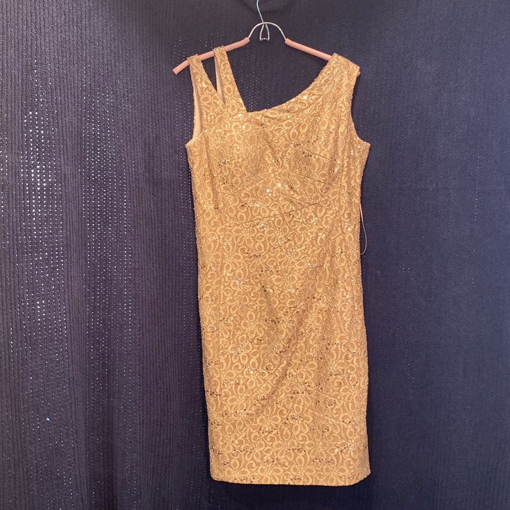 JAX taupe colour embellished with sequins, knee length cocktail dress